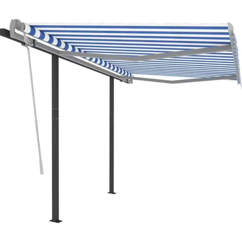 Automatisk markise med stolper 3,5×2,5 m – Blå/Hvid