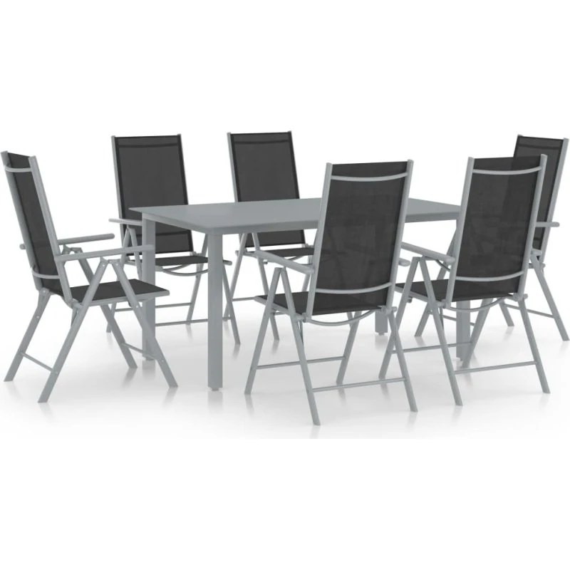 Spisebordssæt til haven 7 dele i aluminium, sølv/sort