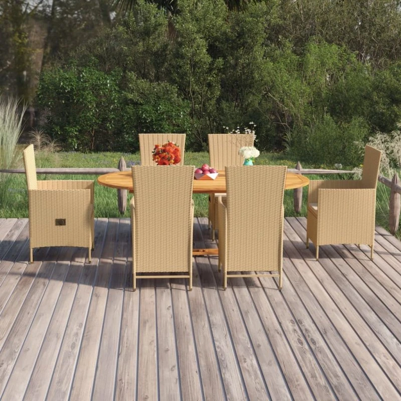 Havemøbelsæt 7 dele i polyrattan og akacietræ, beige