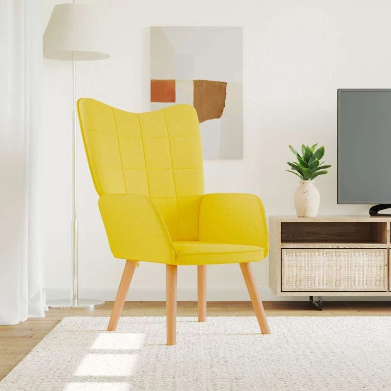 Sennepsgul lænestol i stof med træben