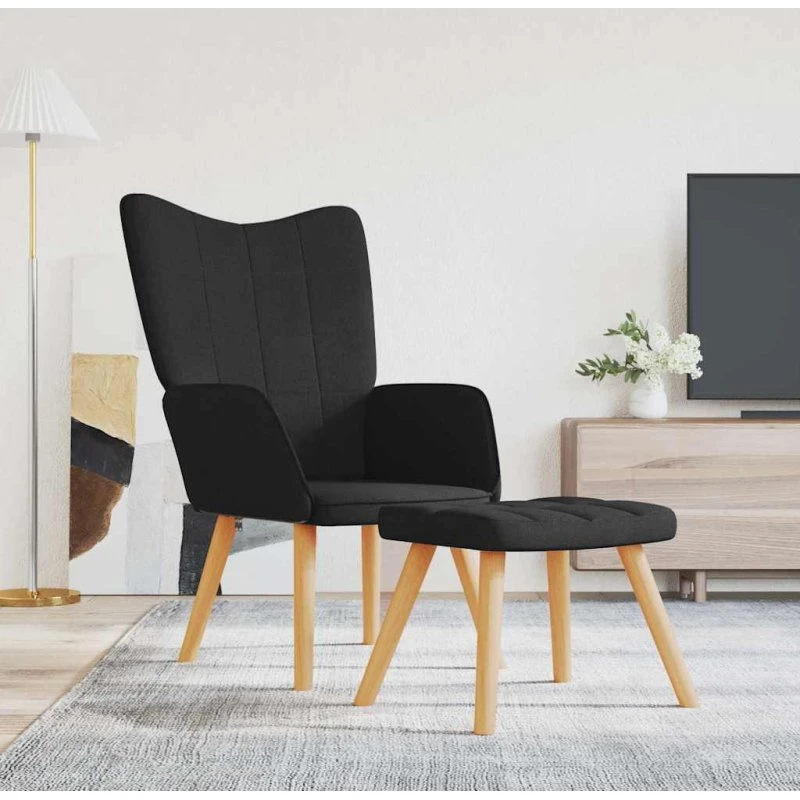 Lænestol med fodskammel i sort stof – moderne komfort