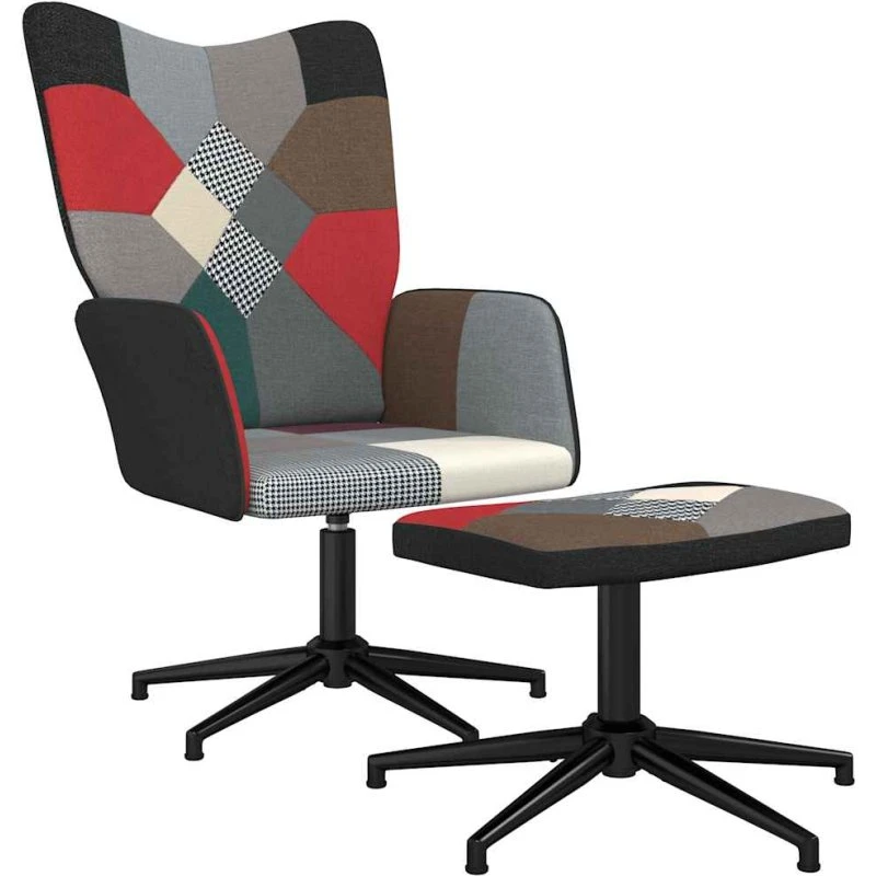 Patchwork lænestol med fodskammel og 360° drejning