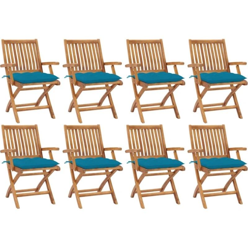 Foldbare havestole 8 stk. i massivt teak med hynder