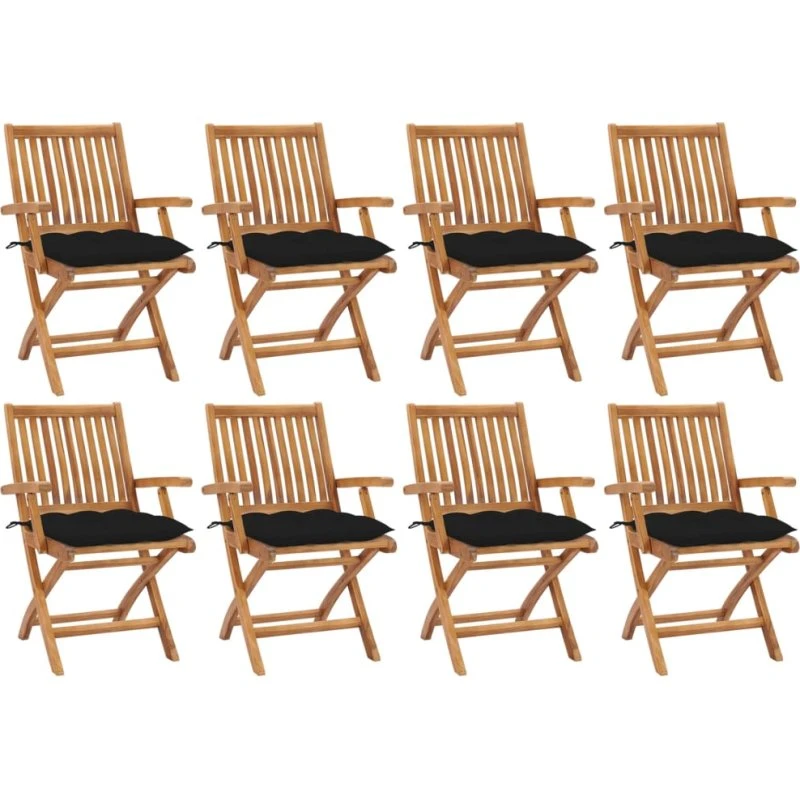 Foldbare havestole i teak med hynder, 8 stk.