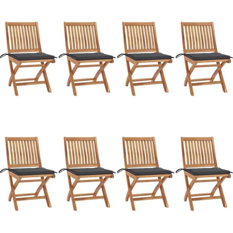 Foldbare havestole i massiv teak med hynder, 8 stk