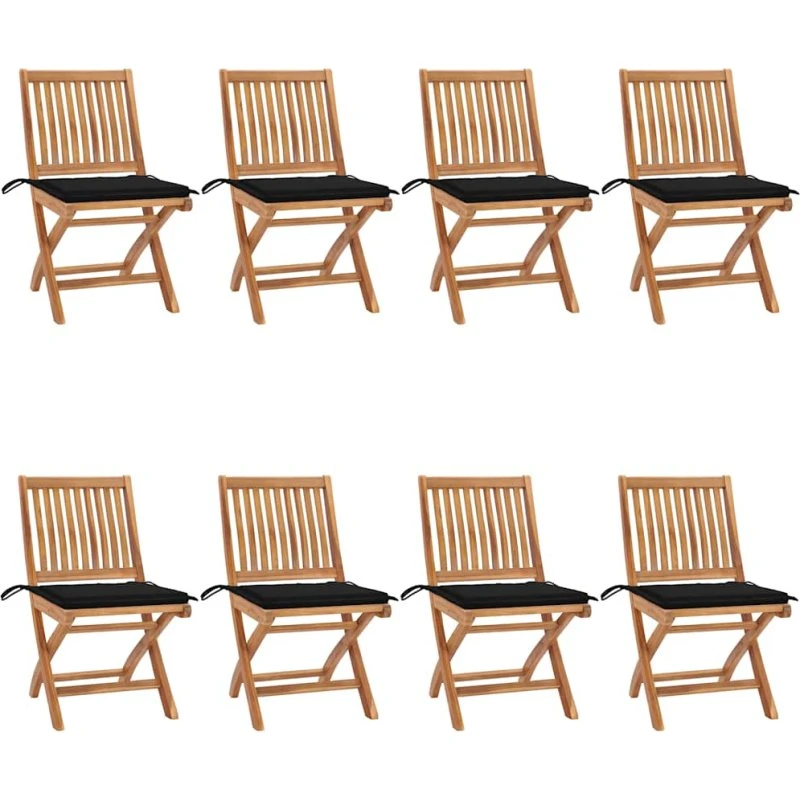 Foldbare havestole 8 stk. i massivt teak med hynder