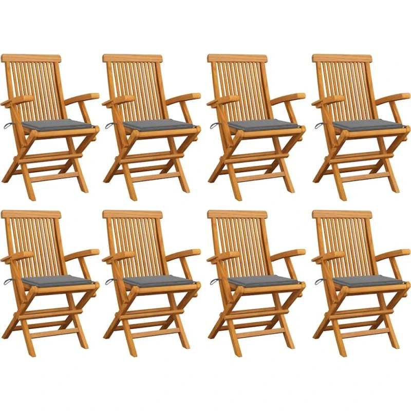 Havestole i massivt teak med grå hynder, 8 stk