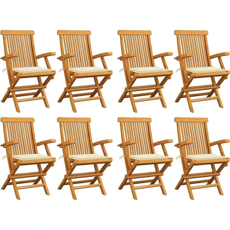 Havestole i massivt teak med creme hynder, 8 stk