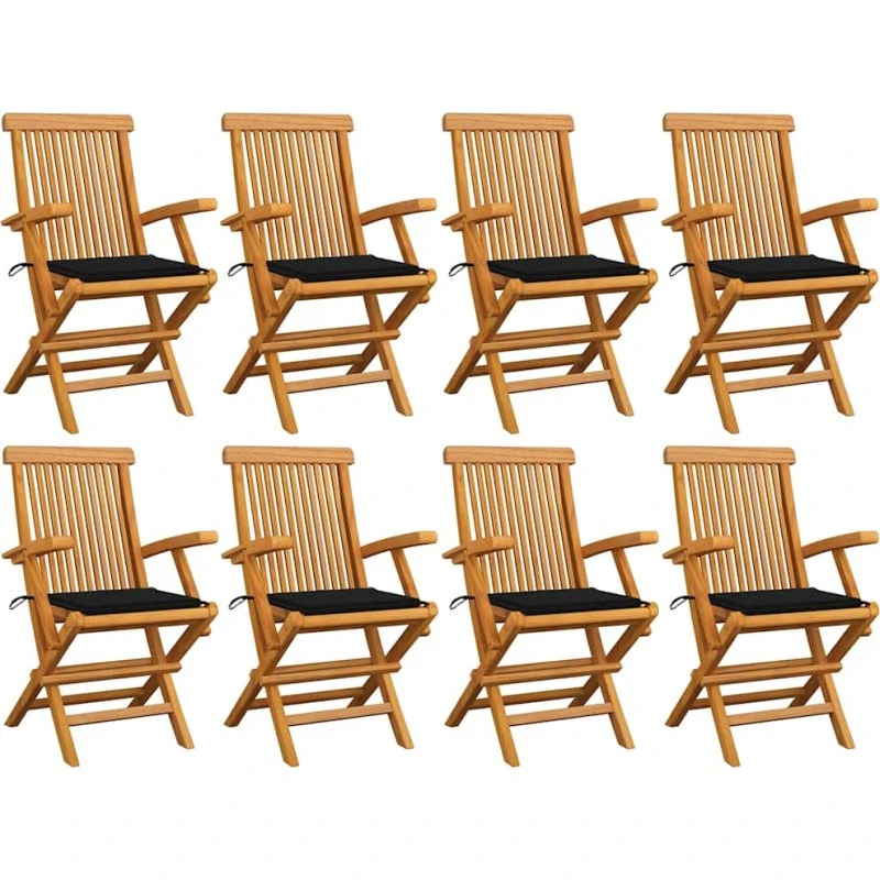 8 stk. havestole i massivt teak med sorte hynder