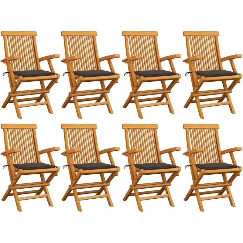 Havestole 8 stk. i massiv teak med gråbrune hynder