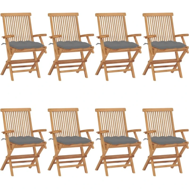 Havestole i massivt teak med grå hynder, 8 stk