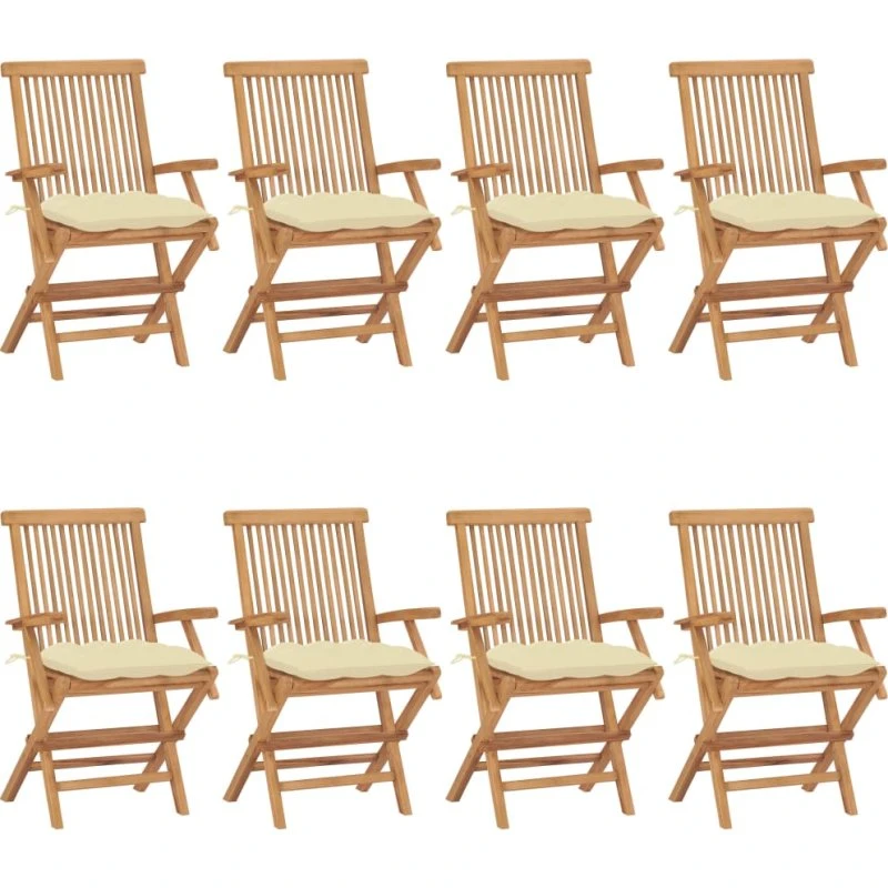Havestole i massivt teak med cremehvide hynder, 8 stk