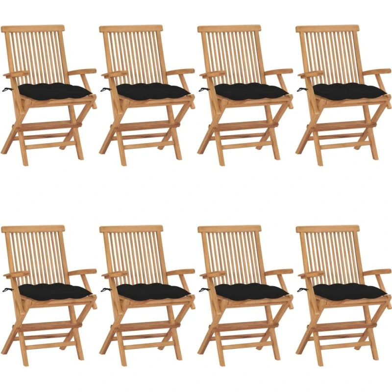 Havestole i massivt teak med sorte hynder 8 stk.