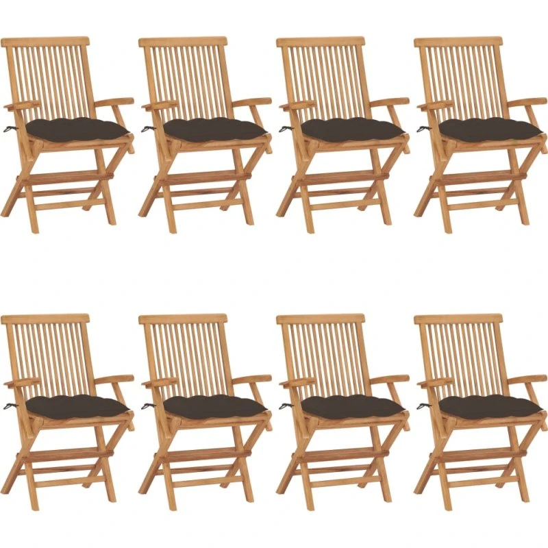 Sæt med 8 havestole i massivt teak med gråbrune hynder