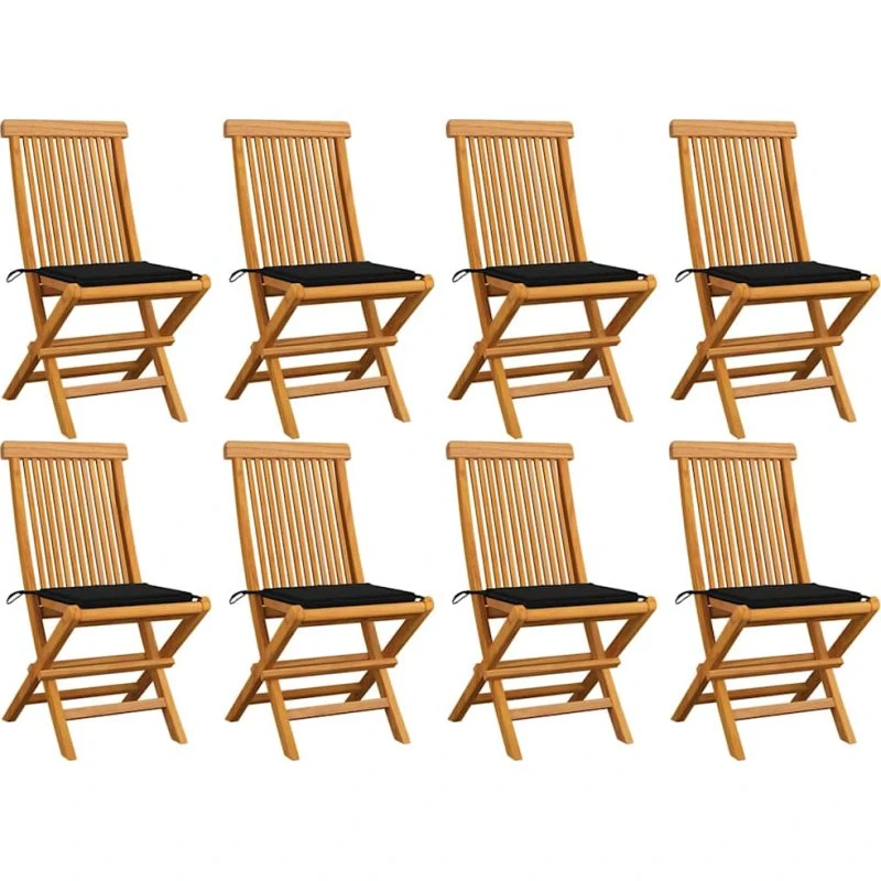 Havestole i massivt teak med sorte hynder – 8 stk