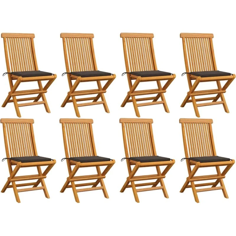 Havestole 8 stk. i massivt teak med gråbrune hynder