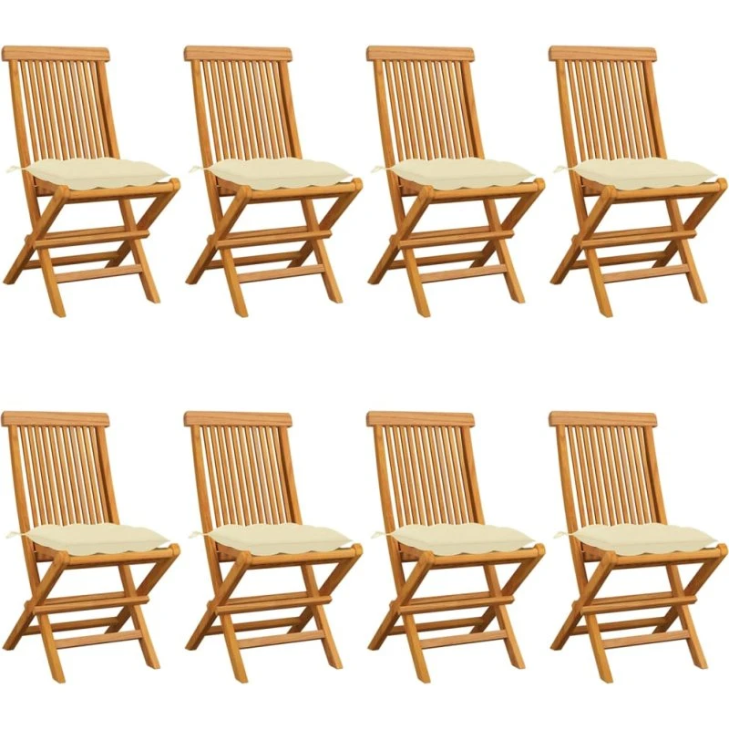 Havestole i massivt teak med cremehvide hynder, 8 stk