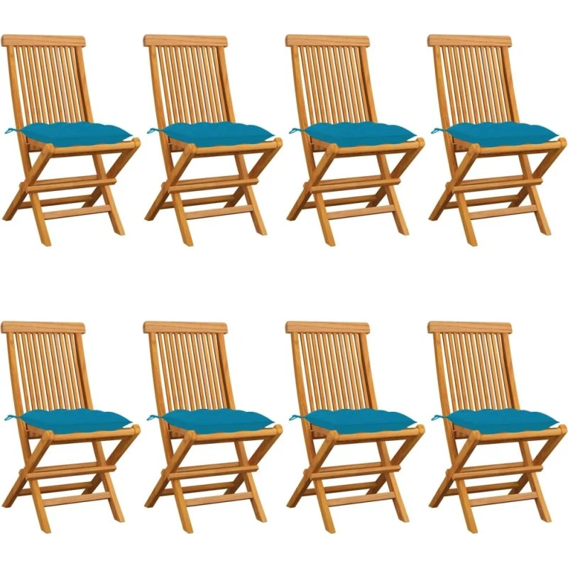 Havestole i massivt teak med lyseblå hynder, 8 stk