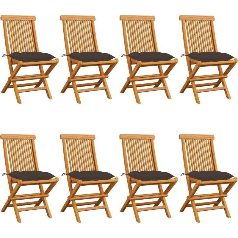 8 stk. foldbare havestole i massivt teak med gråbrune hynder