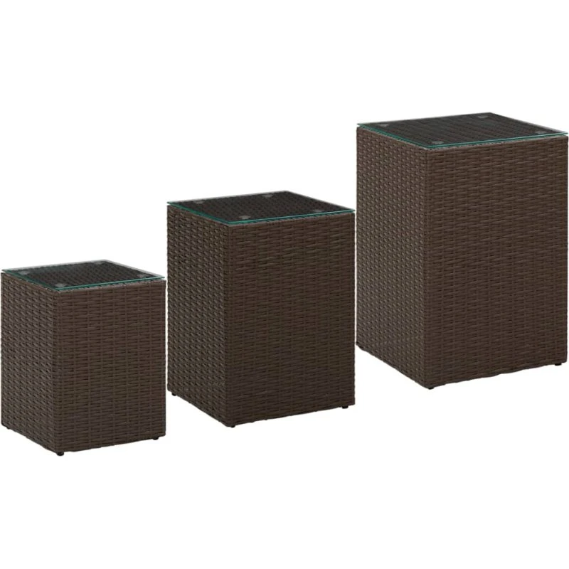 Polyrattan sideborde med glastop — sæt 3 stk. brun