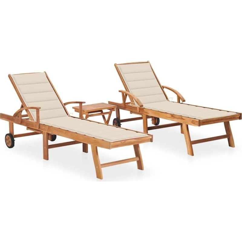 Liggestole i massivt teak 2 stk. med bord & hynder
