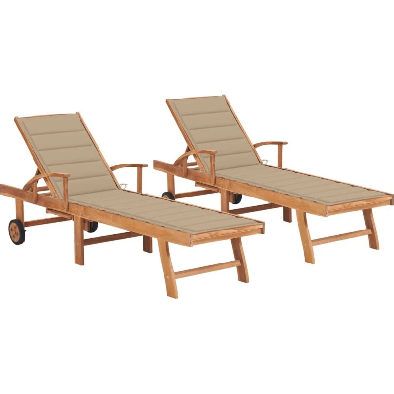 Liggestole 2 stk. i massivt teak med beige hynder