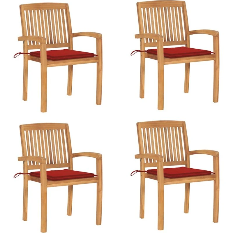 Stabelbare havestole i massivt teak med hynder, 4 stk