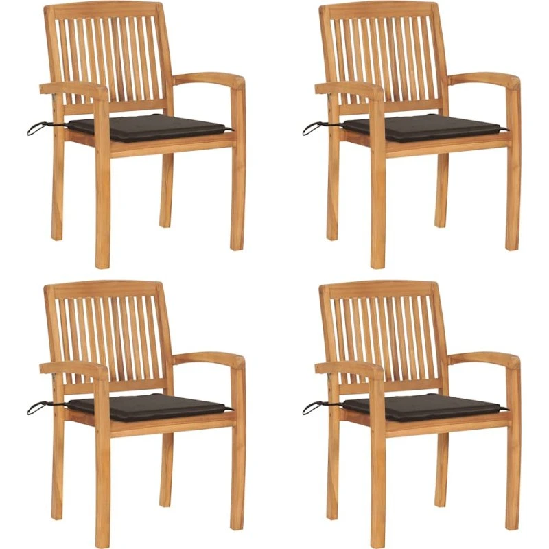 Havestole 4 stk. i massivt teak med hynder – stabelbare