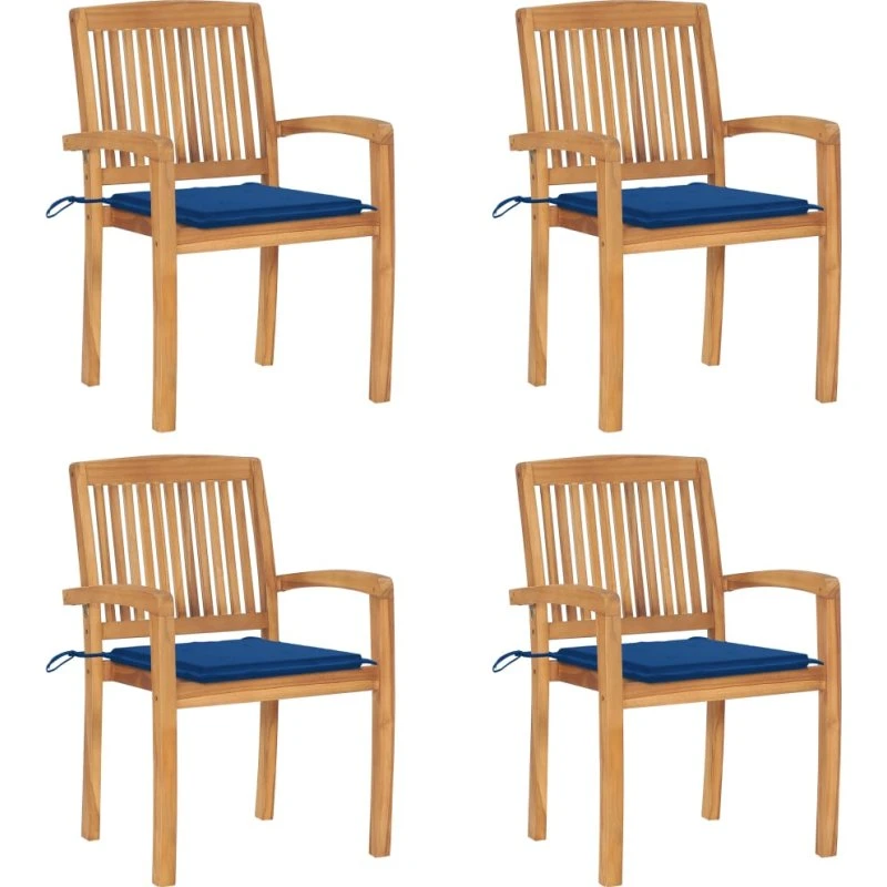 Havestole 4 stk. i massivt teak med hynder – stabelbare