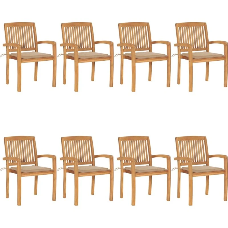 Stabelbare havestole 8 stk. i massivt teak med hynder