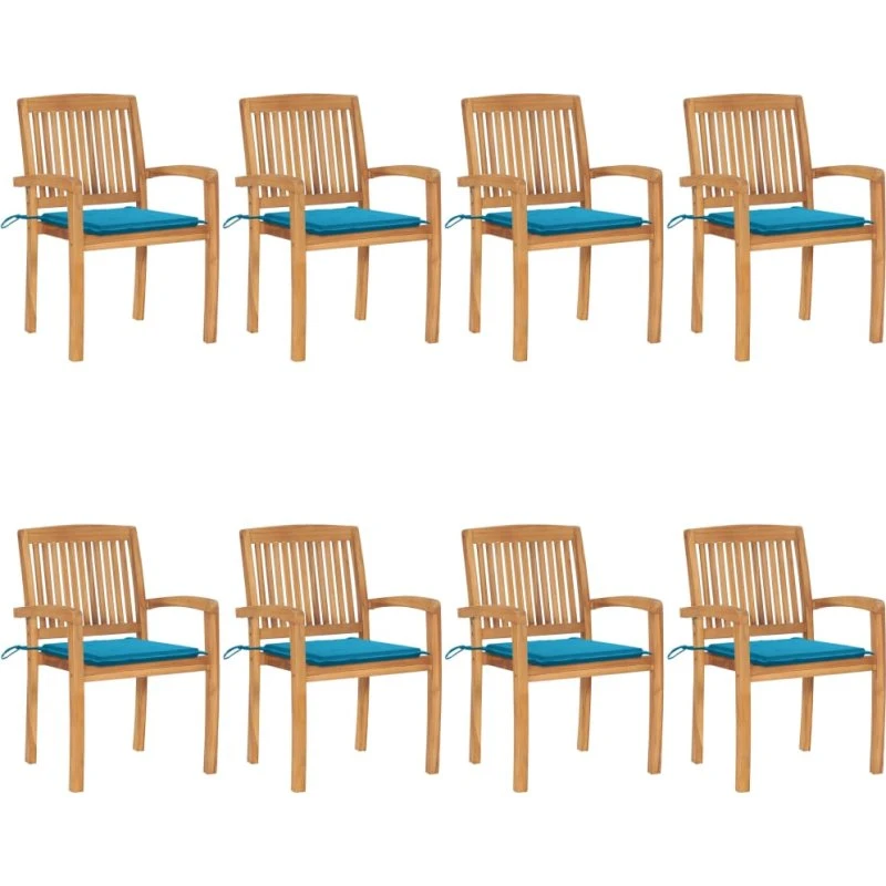 Havestole 8 stk. i massivt teak med hynder - stabelbare