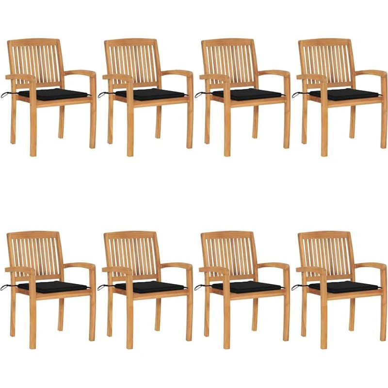 8 stk. havestole i massivt teak med hynder - stabelbare