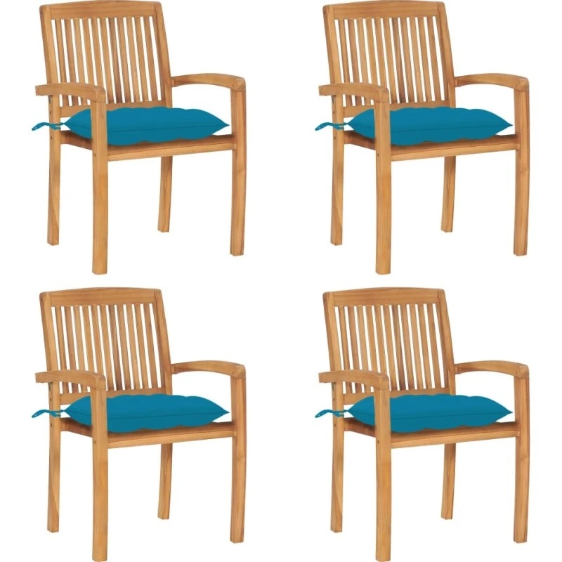 Havestole 4 stk. i massivt teak med hynder – stabelbare