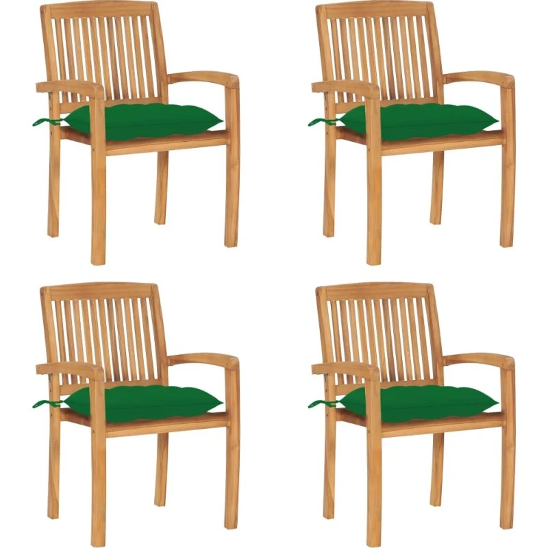 Havestole 4 stk. i massivt teak med hynder – stabelbare