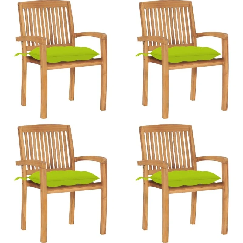 Havestole 4 stk. i massivt teak med hynder – stabelbare