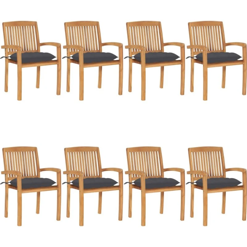 Stabelbare havestole 8 stk. i massivt teak med hynder