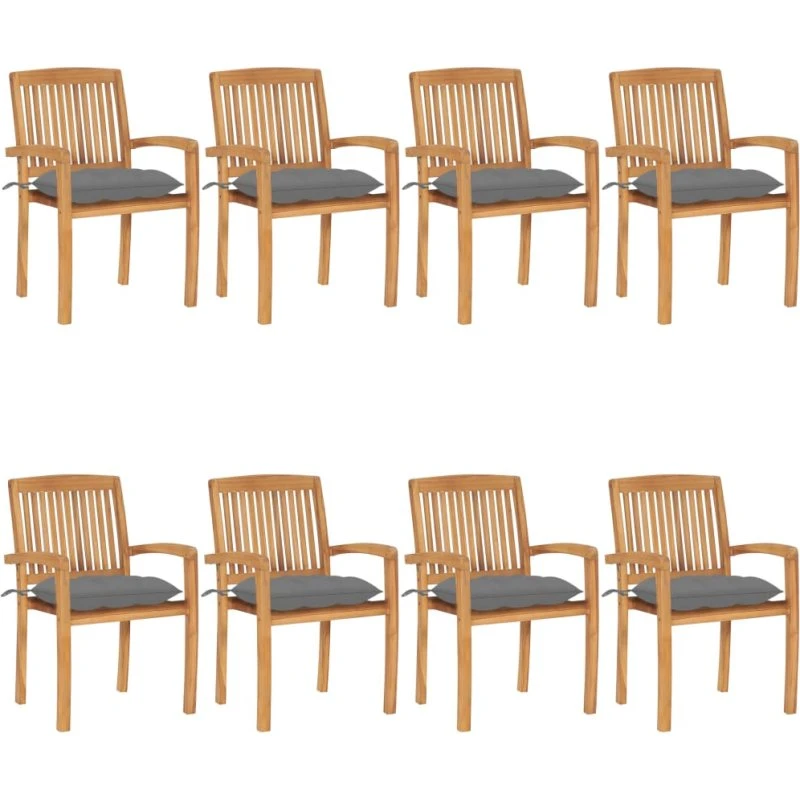 Havestole 8 stk. stabelbare i massivt teak med hynder