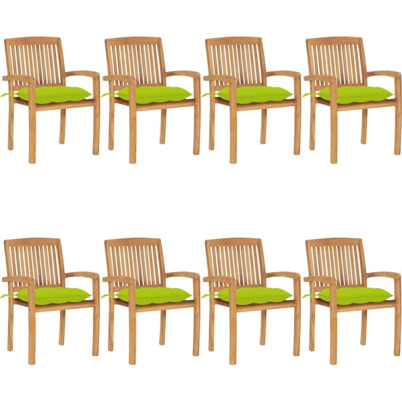 Havestole 8 stk. i massiv teak med hynder, stabelbare