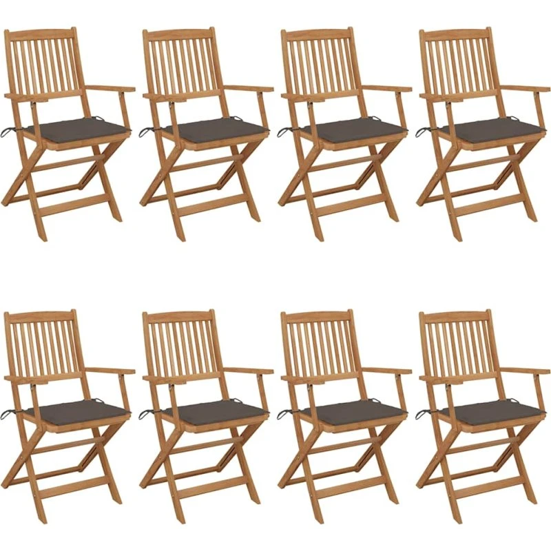 Foldbare havestole 8 stk. i massivt akacietræ med hynder