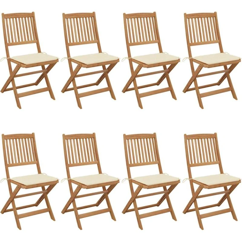 Foldbare havestole i massiv akacietræ, 8 stk. med hynder