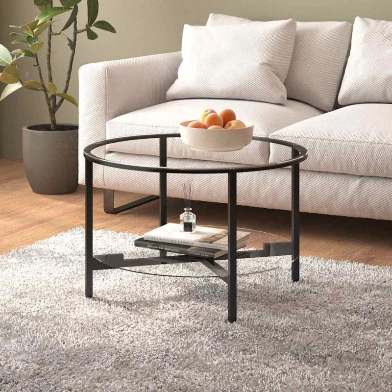 Rundt stuebord 70 cm - hærdet glas, sort stel