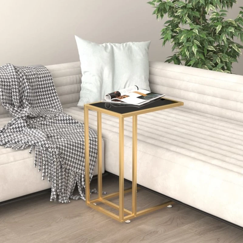 Sidebord 50x35x65 cm – hærdet glas, sort/guld