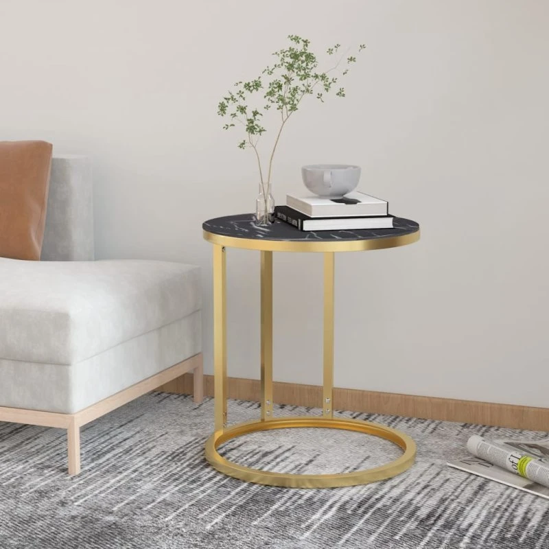 Sidebord 45 cm – hærdet glas, guldfarvet stel & sort marmor