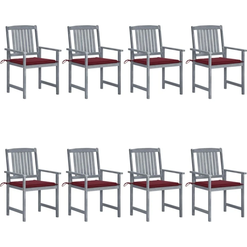 Havestole 8 stk. i massivt akacietræ med hynder (gråvasket)