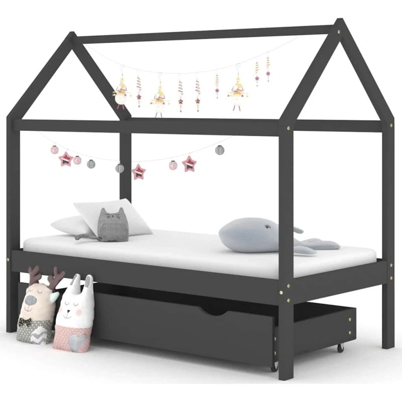 Børneseng 80x160 cm i massivt fyrretræ m. skuffe — mørkegrå