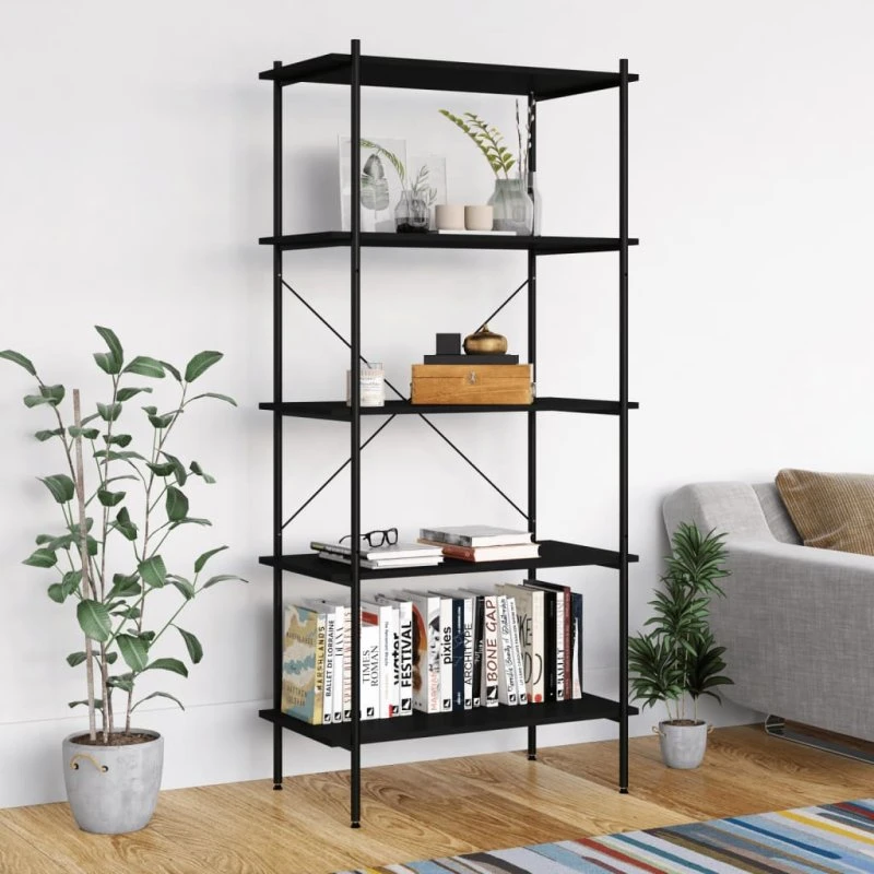 Reol 5 hylder 80x40x163 cm – sort stål & træ