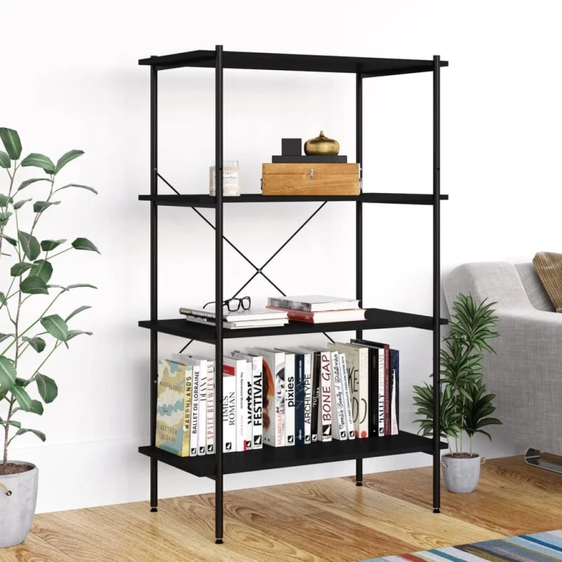 Reol 4 hylder 80x40x130 cm – sort stål og træ