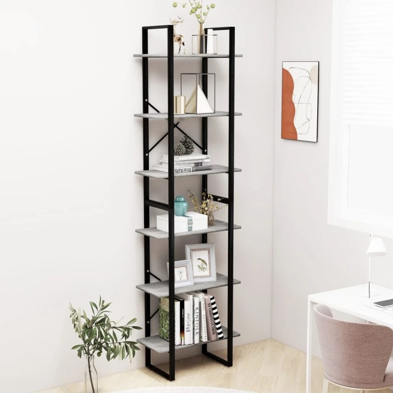 Opbevaringsreol 60x30x210 cm – betongrå, metal & konstrueret træ