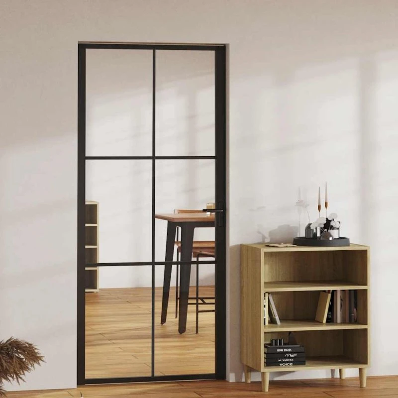 Indvendig dør 93x201,5 cm – sort aluminium & hærdet glas