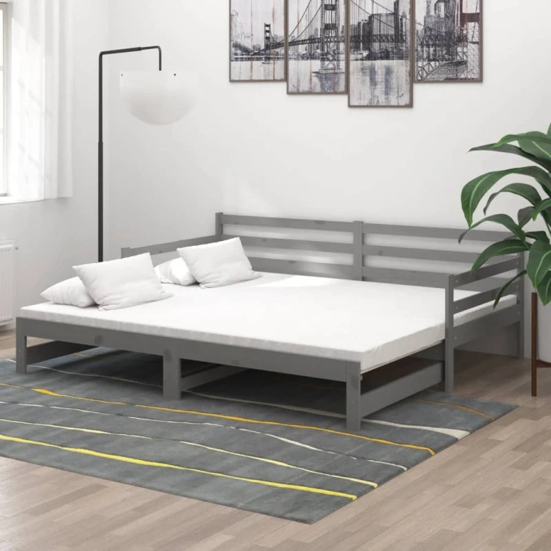Daybed med udtræk 2x90x200 cm i massivt fyrretræ, grå